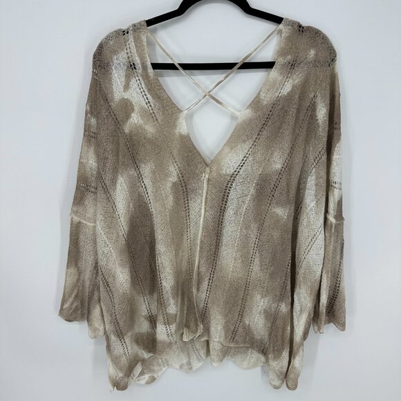 POL Open Knit Tie Dye Sweater M Relaxed Fit Lightweight Boho Tan Cream - Picture 2 of 7